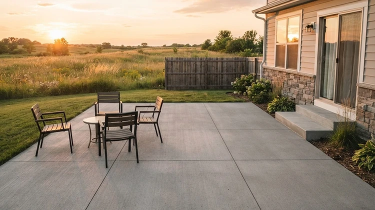 Broom-finished concrete backyard patio behind a midwestern home at sunset