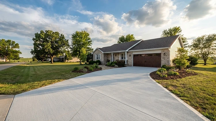 New broom-finished concrete driveway with clean saw-cut control joints leading to a ranch home