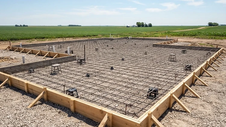 Slab-on-grade foundation ready to pour with wood forms, gravel base, and rebar grid