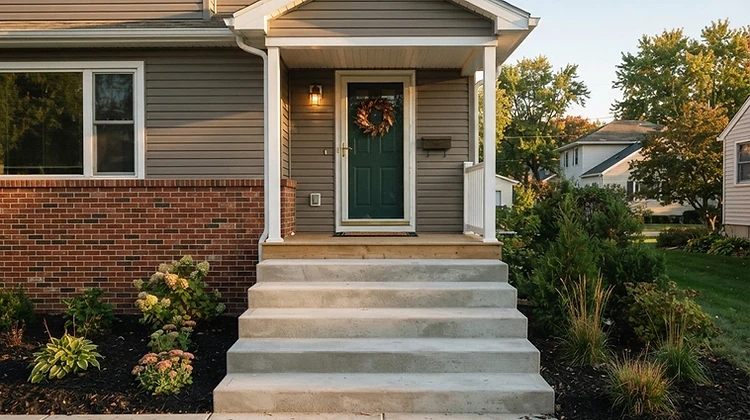 Solid new concrete front steps and stoop with clean formed edges at a house entry