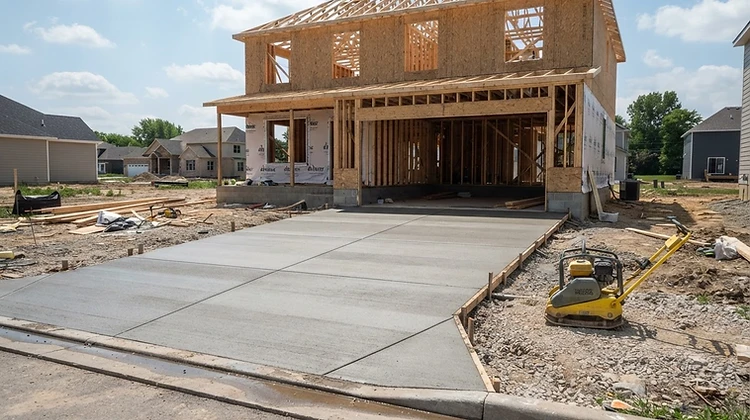 Freshly poured concrete flatwork at a new residential construction site with framing in progress