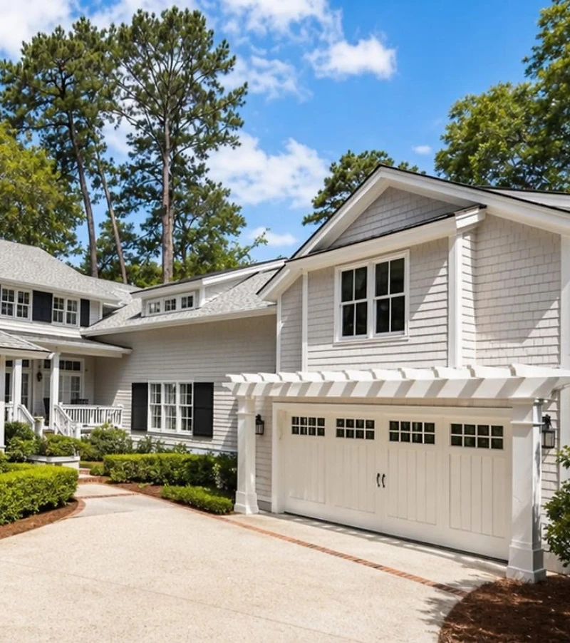 Wide concrete driveway with brick banding leading to a carriage-door garage with pergola