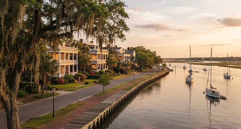 Historic Beaufort SC homes with double porches along the waterfront