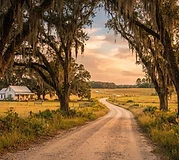 Quiet rural road lined with live oaks near Ridgeland, SC at golden hour