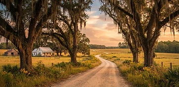 Quiet rural road lined with live oaks near Ridgeland, SC at golden hour