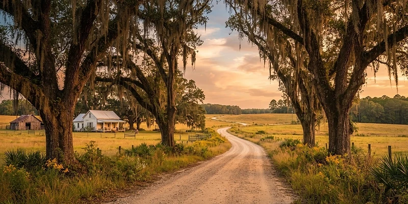 Quiet rural road lined with live oaks near Ridgeland, SC at golden hour