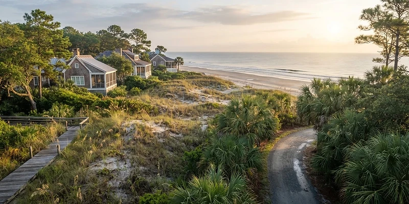 Low-rise Hilton Head Island beach homes behind sea oats and dunes
