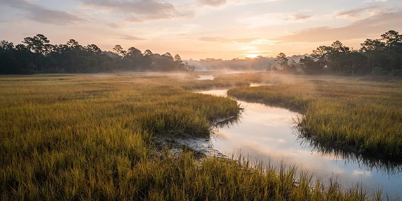 Golden spartina marsh and tidal creek at sunrise in Okatie, SC