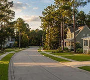 New Lowcountry-style neighborhood homes among tall pines in Hardeeville, SC