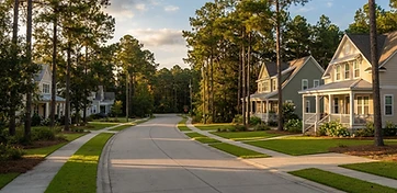 New Lowcountry-style neighborhood homes among tall pines in Hardeeville, SC