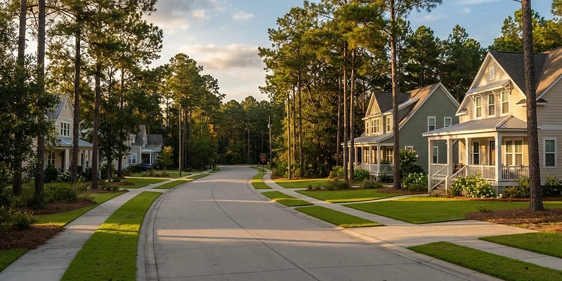 New Lowcountry-style neighborhood homes among tall pines in Hardeeville, SC