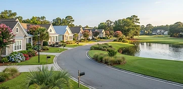 Tidy single-story homes along a curved street in a coastal SC active-adult community