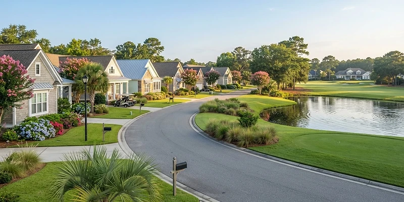 Tidy single-story homes along a curved street in a coastal SC active-adult community