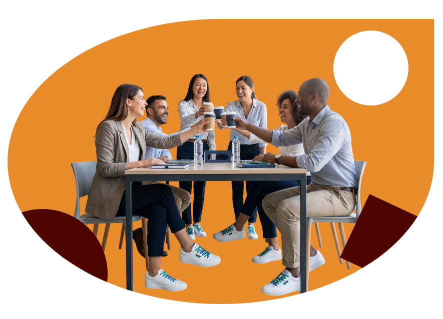 Team celebrating with promotional products