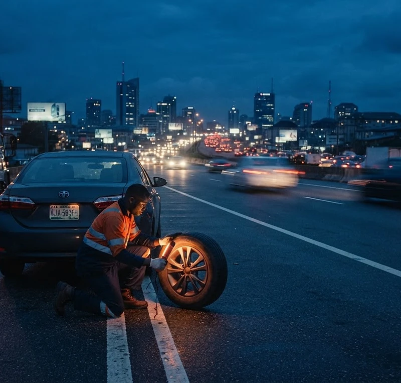 RoadAid technician assisting a driver on a Nigerian highway at dusk