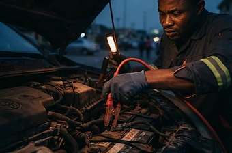 Technician connecting battery leads