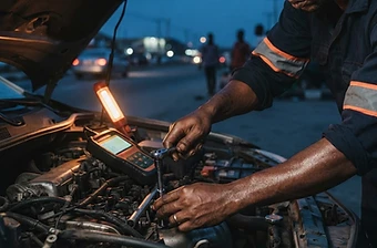 Mechanic working under an open car hood