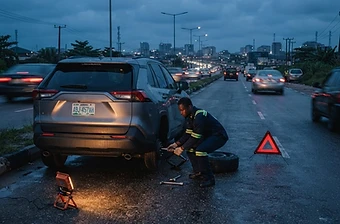 Technician changing a flat tyre