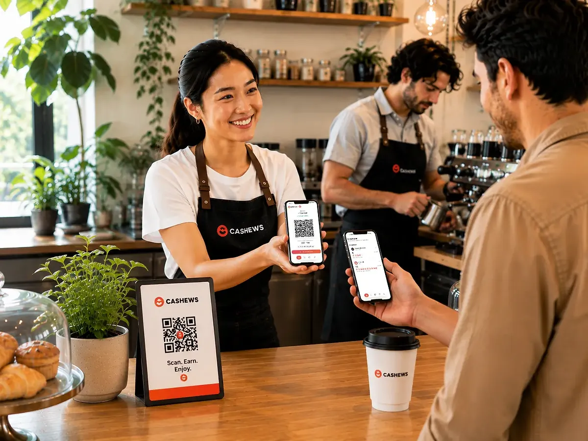 Customer scanning a Cashews QR stamp code at a café counter
