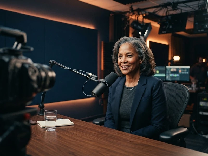 Professional broadcast studio with a community member in warm soft-box lighting