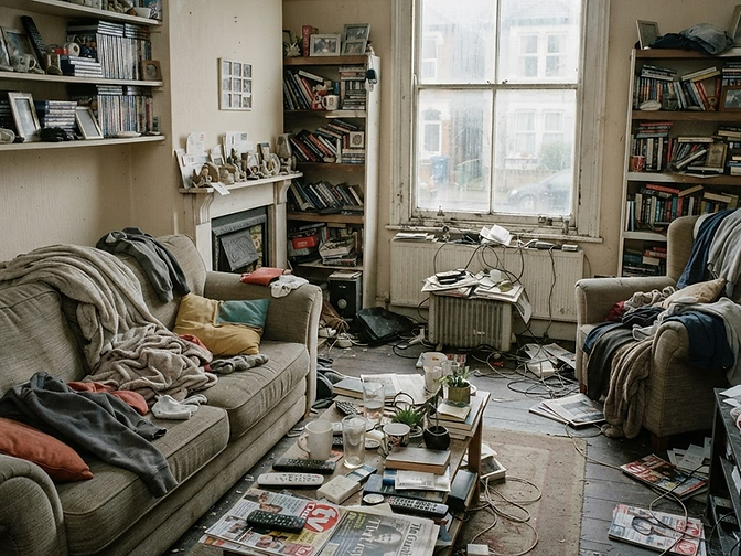 Cluttered living room with dusty surfaces and disordered sofa cushions