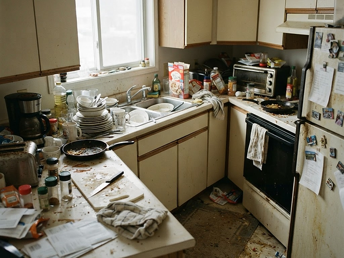 Greasy kitchen hob and cluttered worktops covered in crumbs and stains