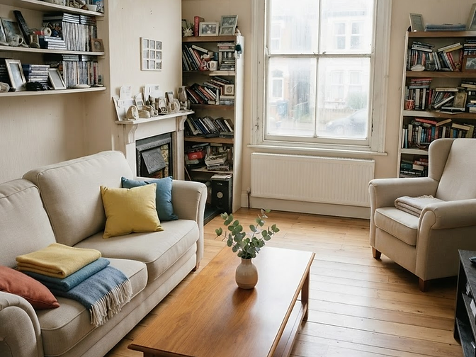Tidy living room with dust-free surfaces and neatly arranged sofa cushions