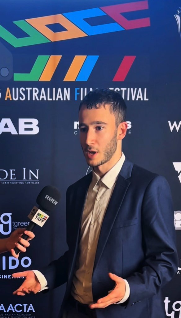 Tamir being interviewed as an award nominee at an AACTA-sponsored film festival.