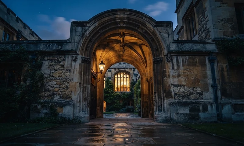 Warm light glowing through a historic British university archway at dusk
