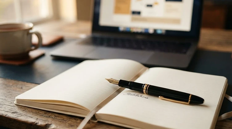 Fountain pen and notebook beside an online lecture