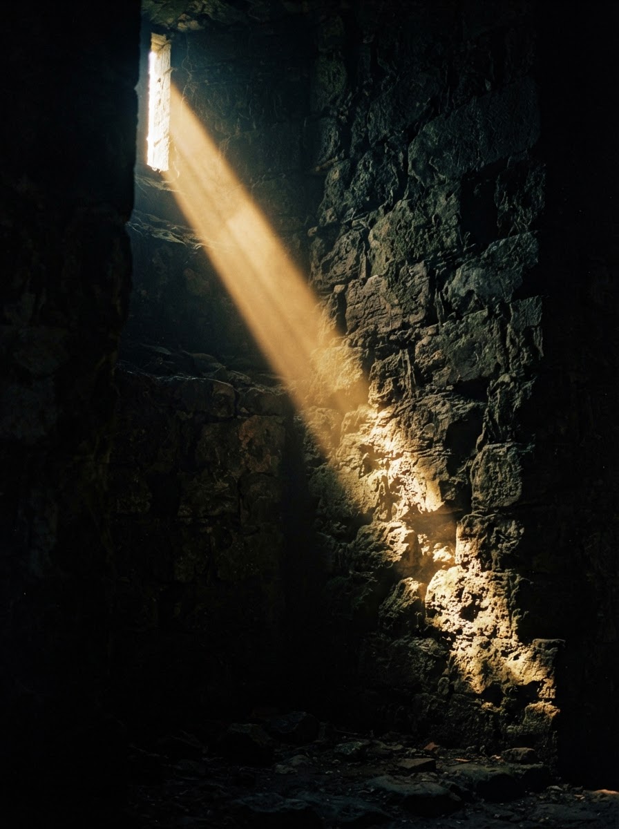 Pedra antiga com feixe de luz dourada