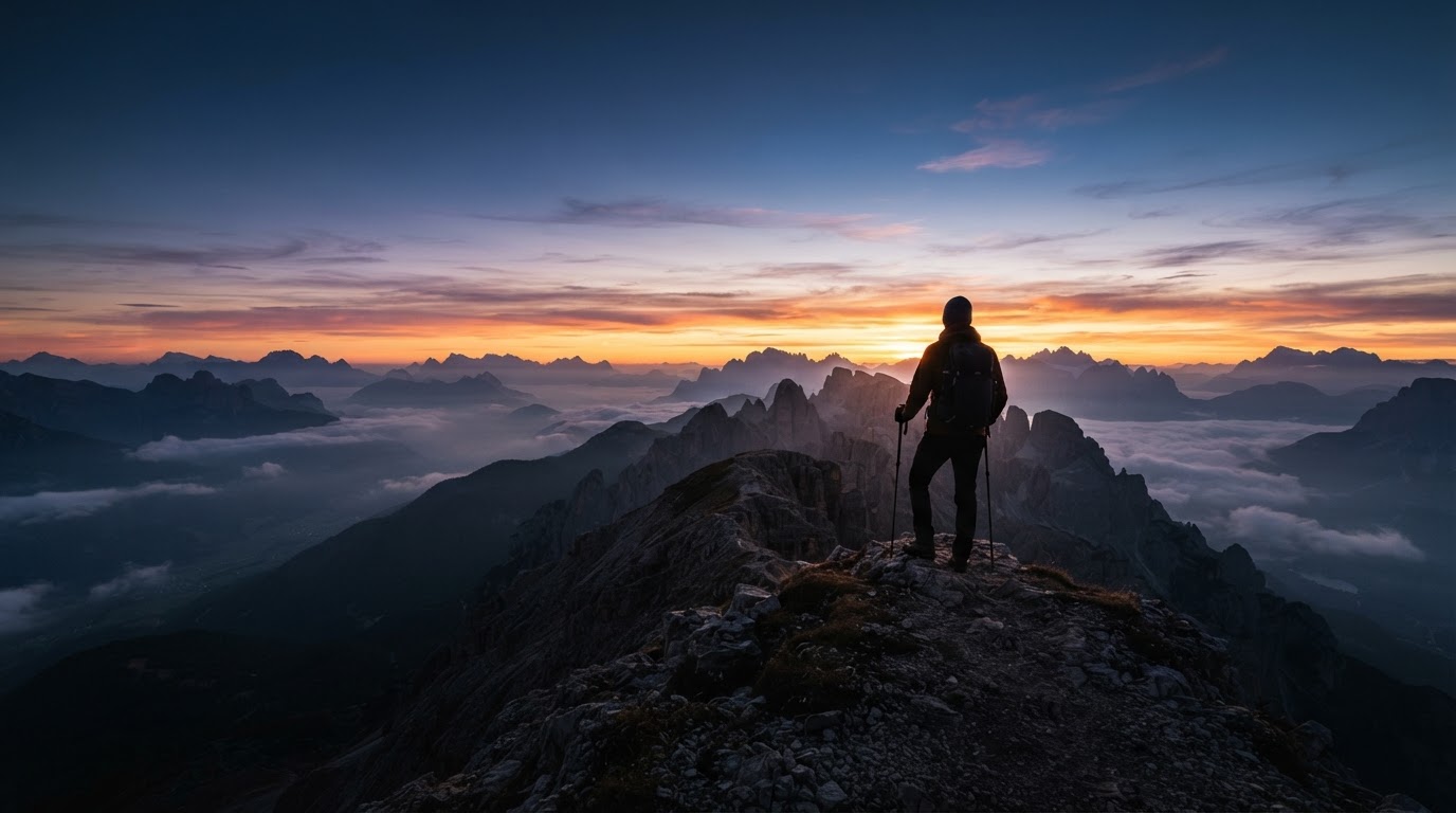 Montanha ao amanhecer com figura caminhando
