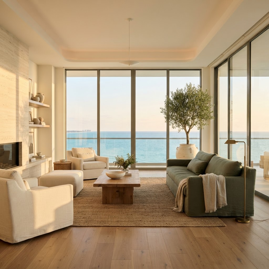 Bright Miami coastal home interior with ocean views, warm wood, and sage green accents