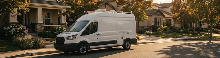 Pest control service truck parked in a suburban neighborhood at golden hour