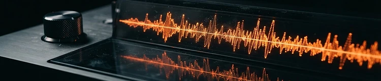 Glowing audio waveform reflected in dark glass