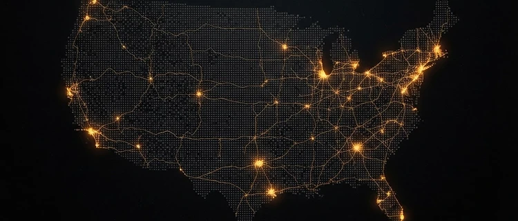 Stylized dot-grid map of the United States with highlighted metro areas
