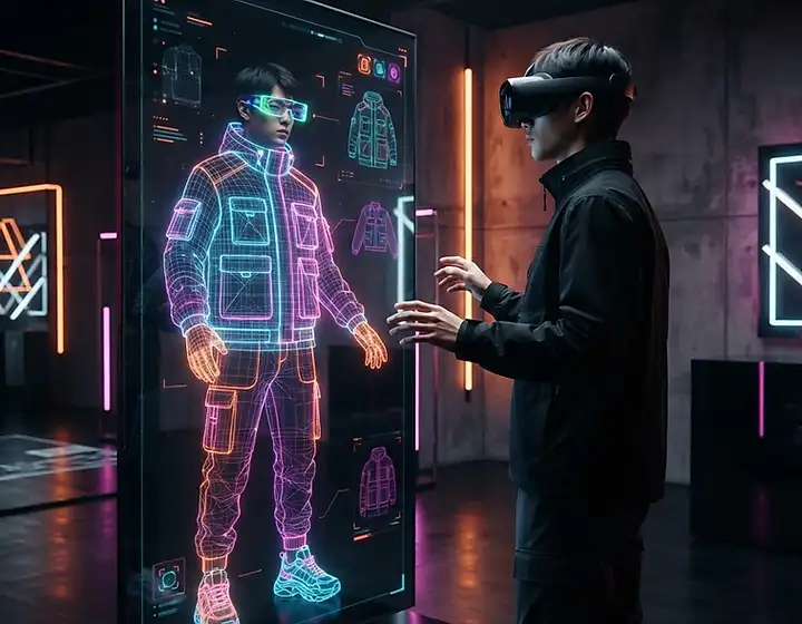 Visitor using a VR headset for a virtual streetwear try-on