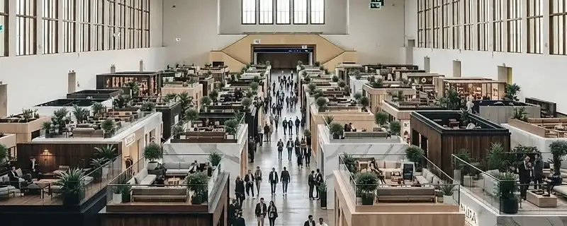 Bright, elevated overview of the expo hall with all pavilions and visitors