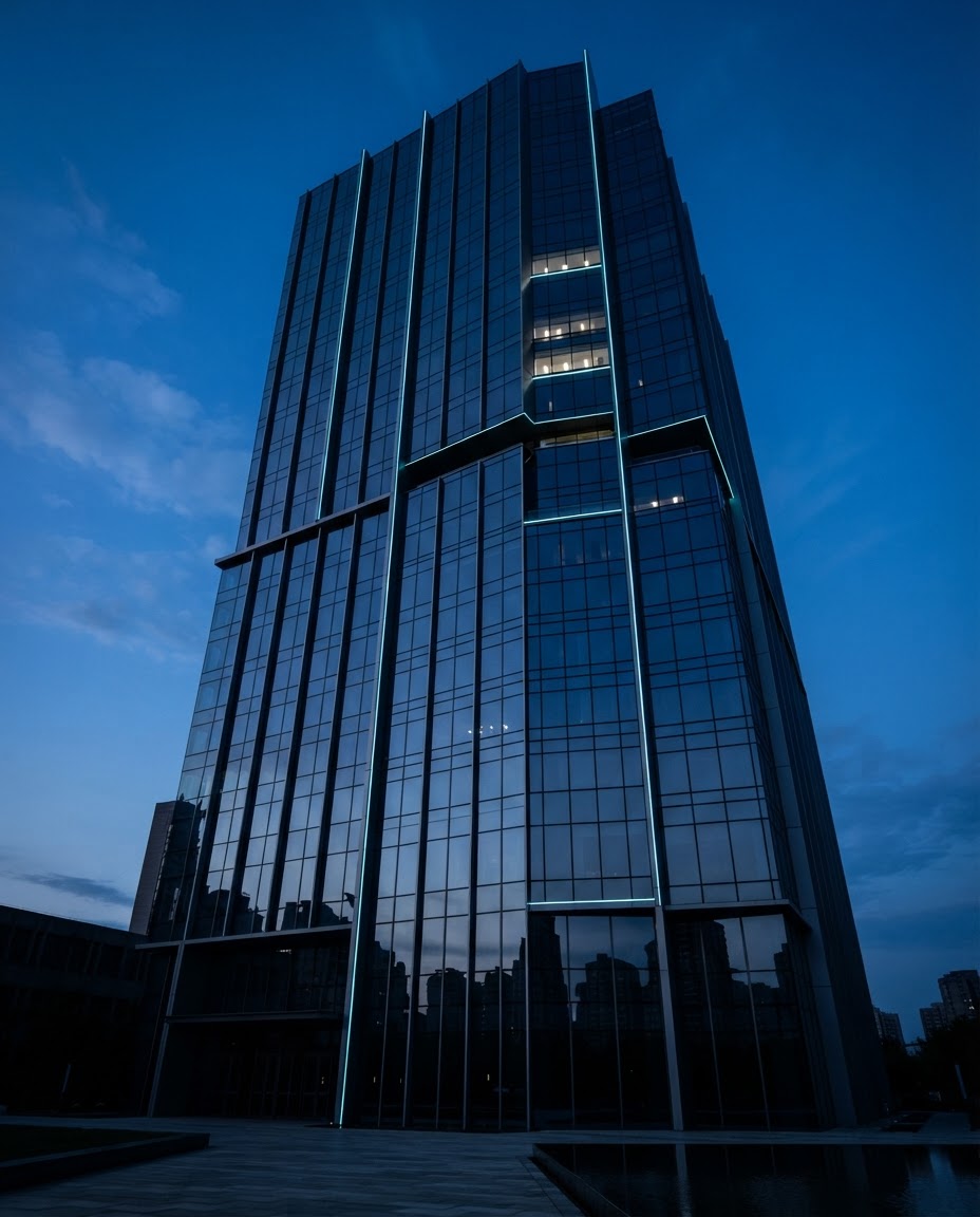 Glass skyscraper facade at dusk representing corporate growth