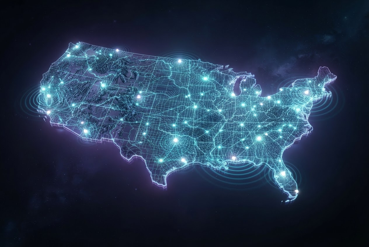 Stylized illuminated map of United States service regions