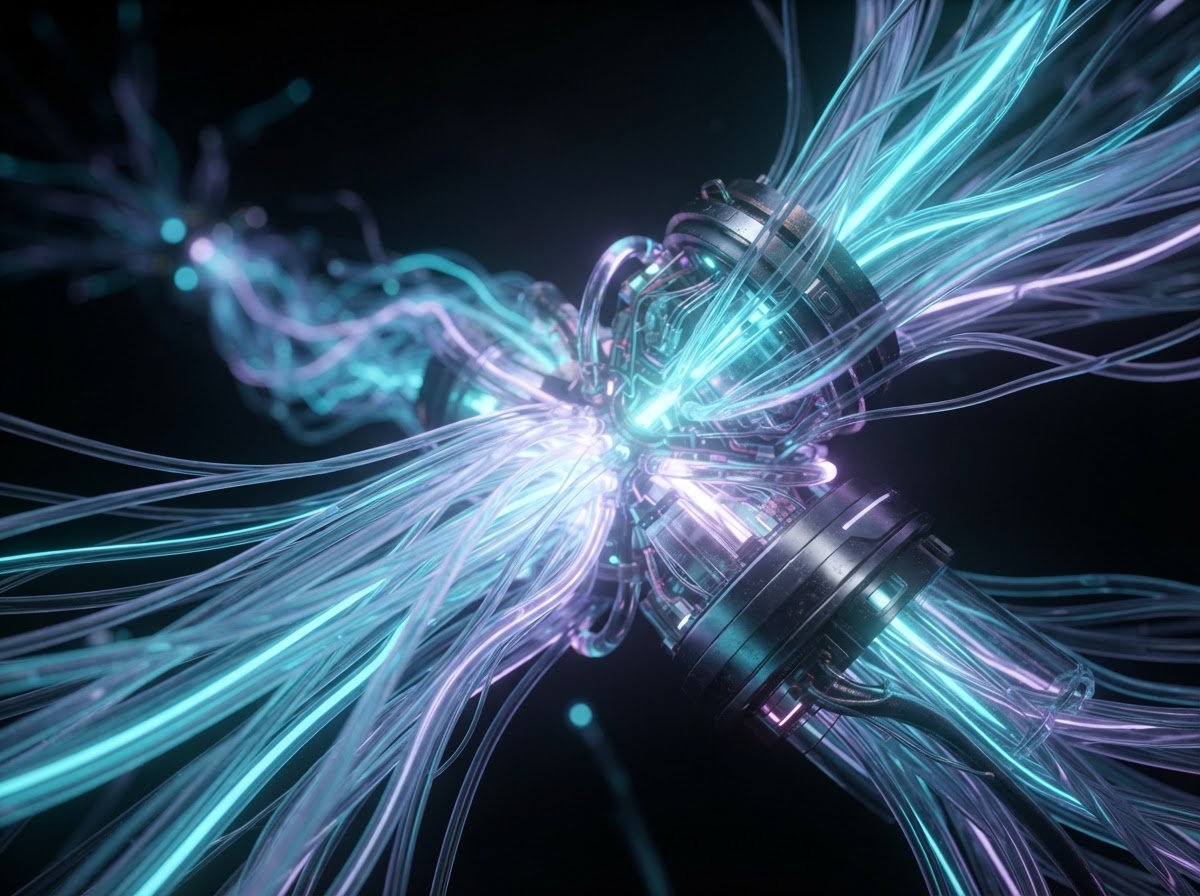 Glowing fiber optic strands converging into a data node