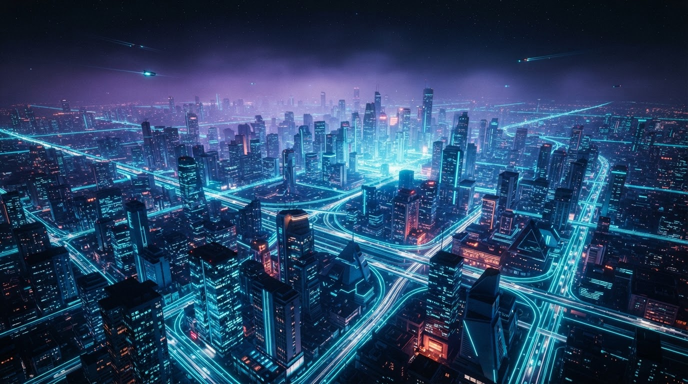 Aerial night view of a city with glowing network lines