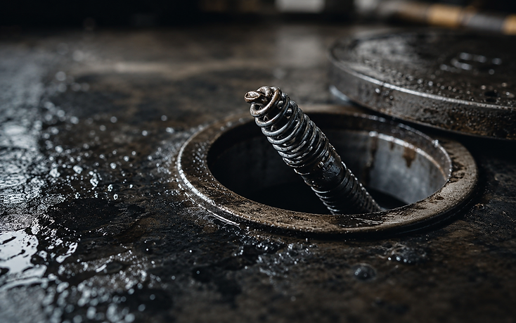 Steel drain auger cable entering a wet floor cleanout opening