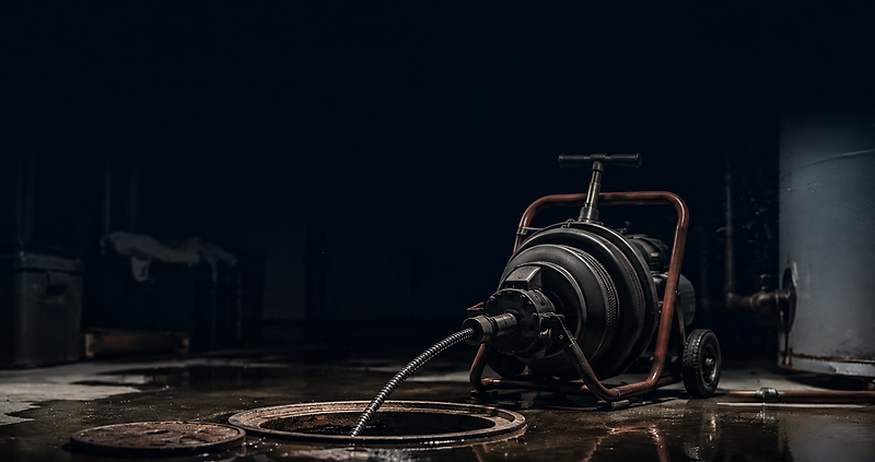 Drain machine feeding cable into an open floor cleanout