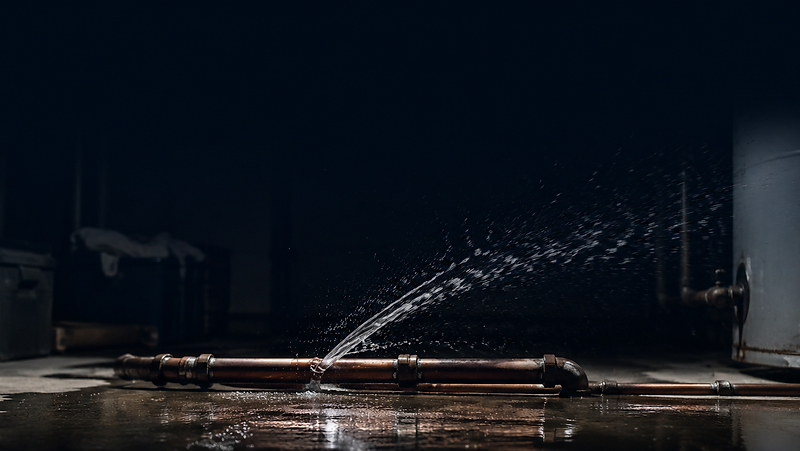 Burst copper line spraying water across a dark basement floor