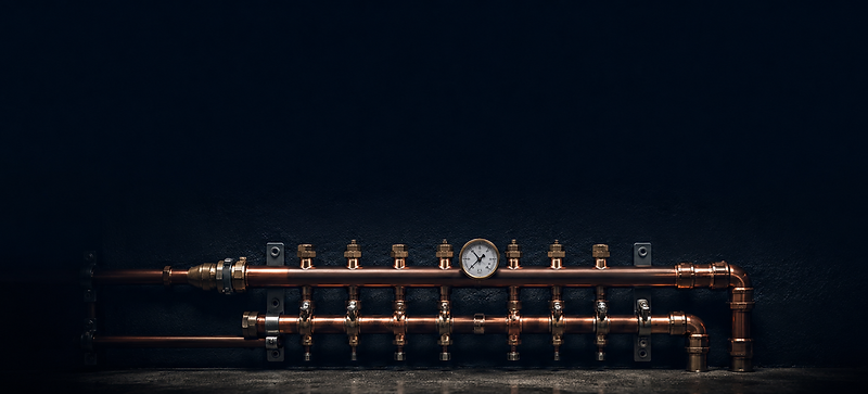 Copper manifold with brass valves and a pressure gauge on a dark wall