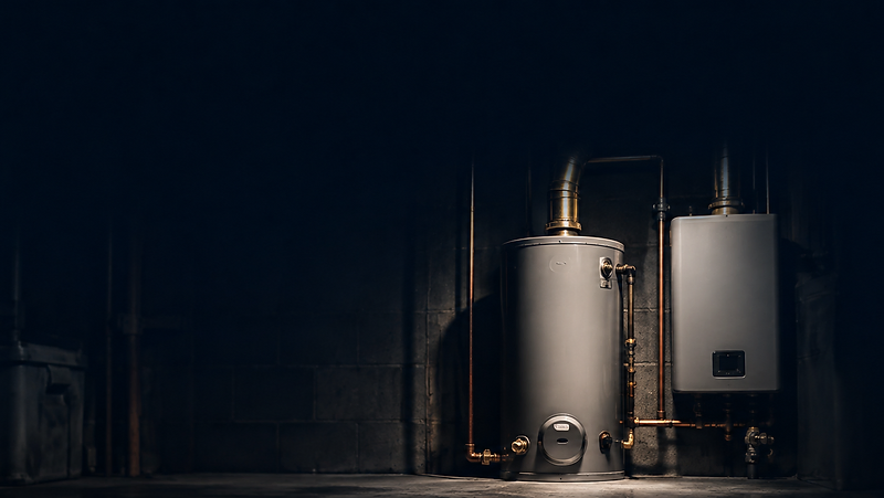 Tank and tankless water heaters installed side by side in a dark utility room