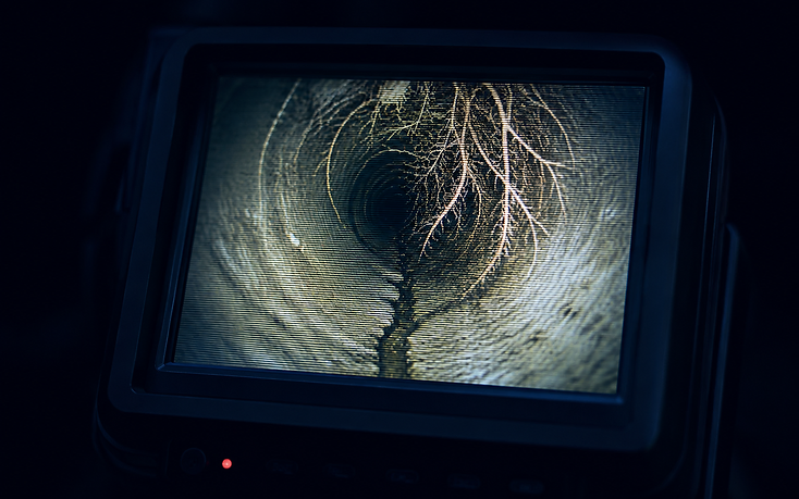 Sewer inspection monitor showing root intrusion and a cracked pipe
