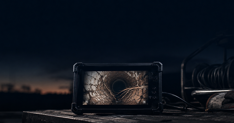 Sewer camera monitor on a truck bed showing root intrusion in a line