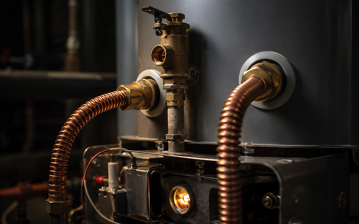 Water heater connections with brass fittings, copper flex lines and a lit pilot